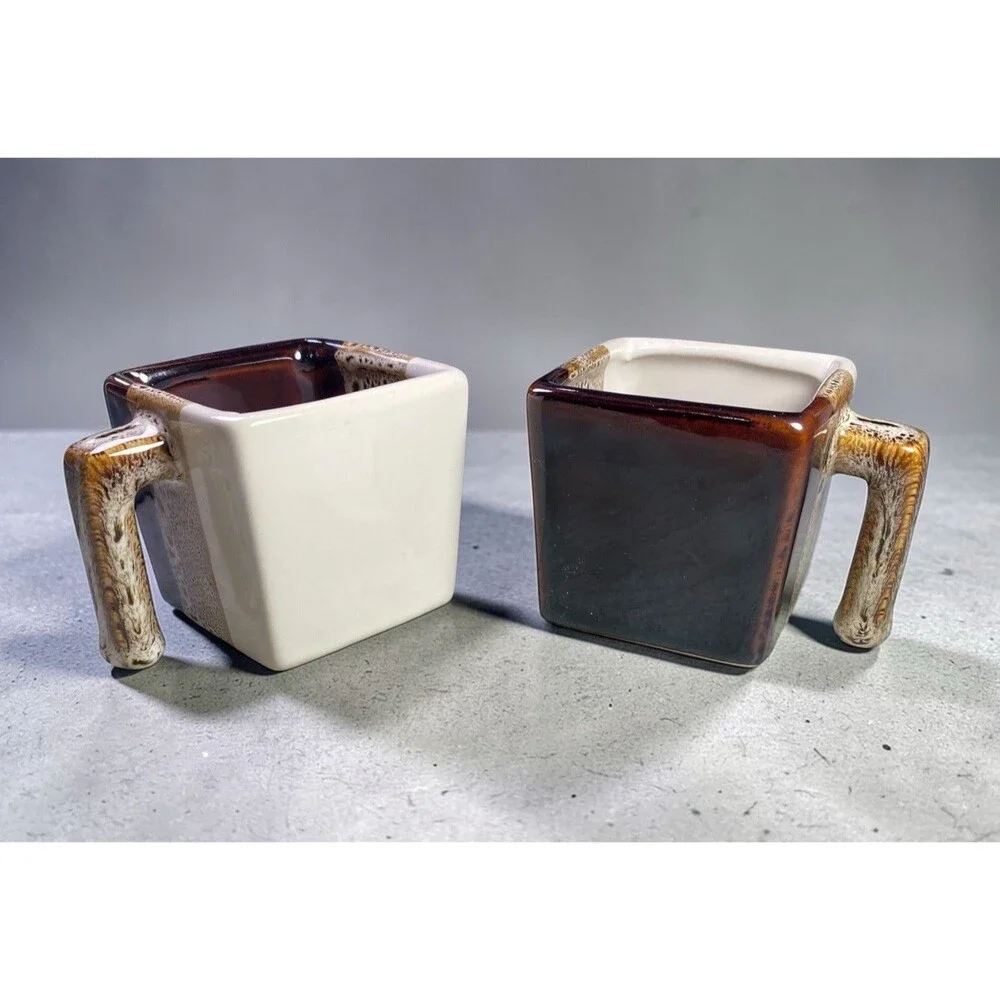 Pier 1 Imports Square Mugs Set of 2 Tri Color Glazed Stoneware Brown Tan